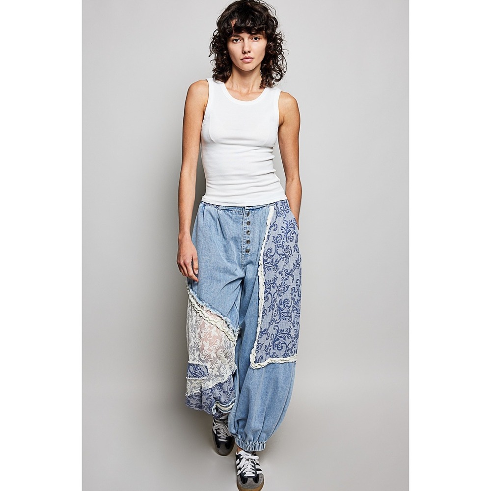 POL Patchwork Denim Jogger Pants Lace Crochet Trim Boho Festival SIZE MEDIUM